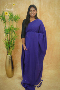 ASB25673 Deep Indigo Mul Cotton saree with striped texture, shimmering silver sequins.