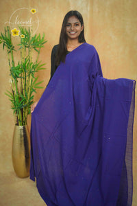 ASB25673 Deep Indigo Mul Cotton saree with striped texture, shimmering silver sequins.