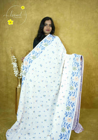ASB2570 Off-White and Blue Jamdhani Cotton saree with floral block print design.