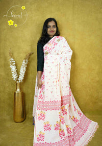 ASB2571 Off-White and Pink Jamdhani Cotton saree with floral block print design.