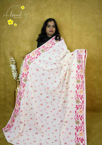 ASB2571 Off-White and Pink Jamdhani Cotton saree with floral block print design.