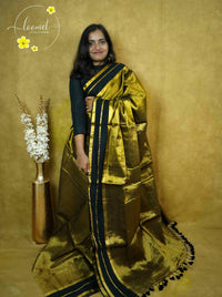 ASB2600 Metallic Antique Gold Tissue Cotton saree with plain body pattern.