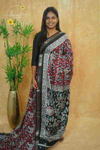 ASM1530 Maroon and Black kalamkari cotton saree with peacock and floral prints.