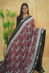 ASM1530 Maroon and Black kalamkari cotton saree with peacock and floral prints.