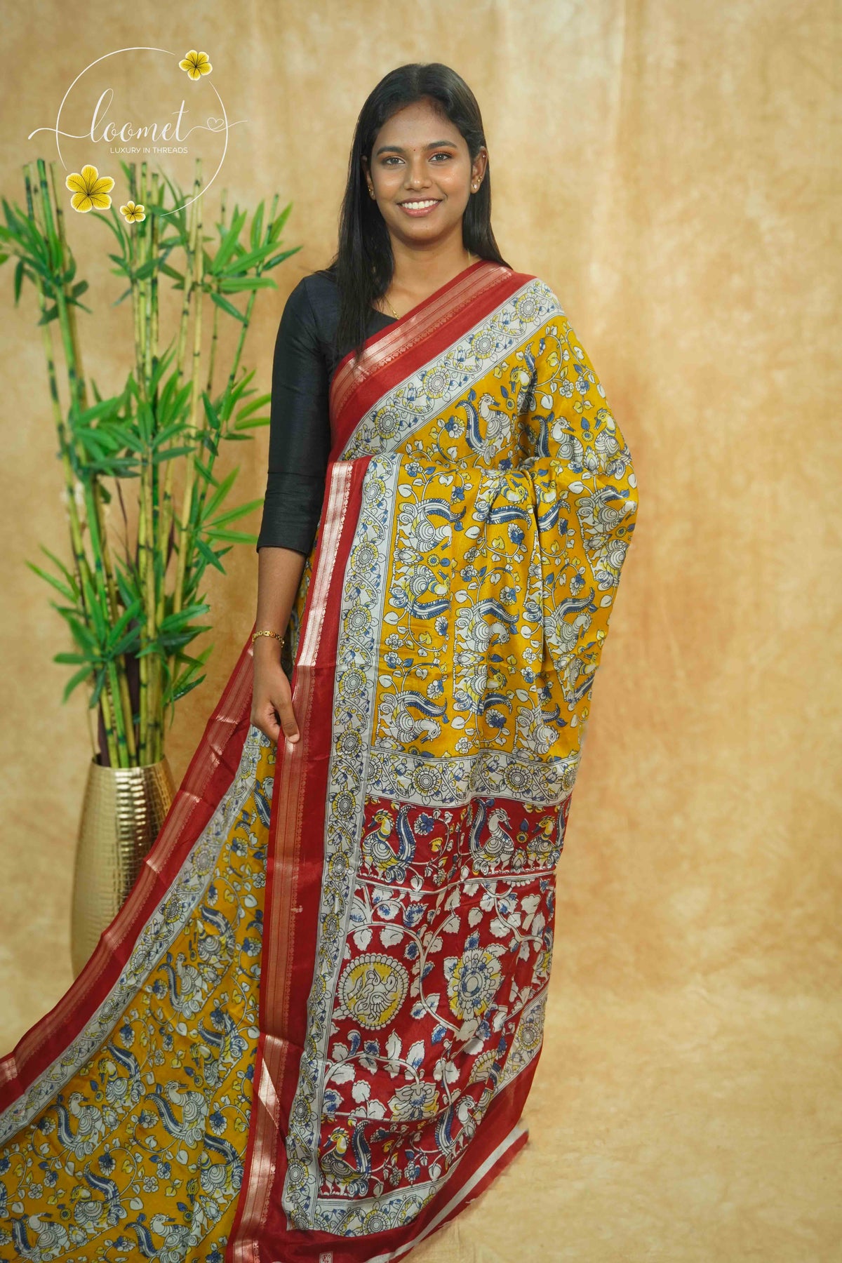 ASM1531 Mustard Yellow and Maroon kalamkari cotton saree with peacock and floral prints.