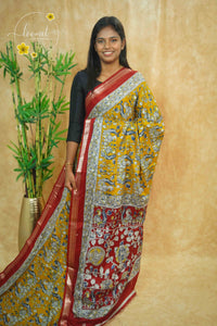 ASM1531 Mustard Yellow and Maroon kalamkari cotton saree with peacock and floral prints.