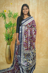 ASM1532 Royal wine and Navy blue kalamkari cotton saree with peacock and floral prints.