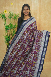 ASM1532 Royal wine and Navy blue kalamkari cotton saree with peacock and floral prints.