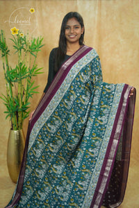 ASM1533 Teal and Wine kalamkari cotton saree with peacock and floral prints.