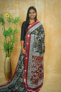 ASM1534 Black and Deep Maroon kalamkari cotton saree with peacock and floral prints.