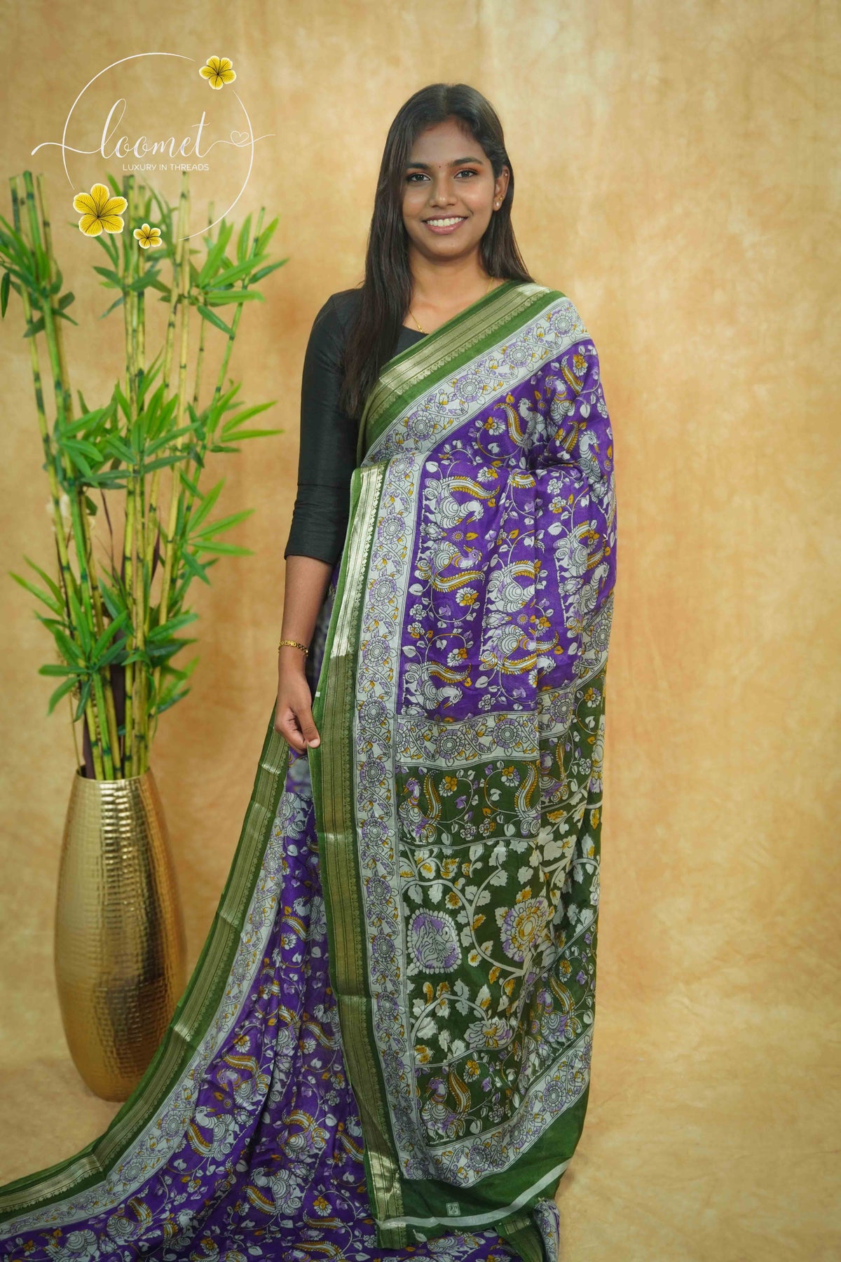ASM1535 Royal Purple and Deep Olive Green kalamkari cotton saree with peacock and floral prints.