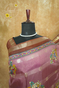 ASM2330 Antique Rose & Coffee Brown Viscose saree with multi-color kalamkari buttas.