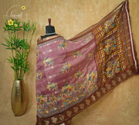 ASM2330 Antique Rose & Coffee Brown Viscose saree with multi-color kalamkari buttas.