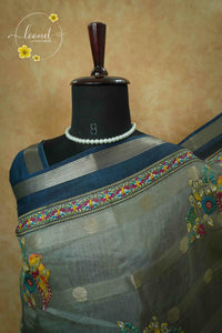 ASM2331 Ash Grey & Navy-Blue Viscose saree with multi-color kalamkari buttas.