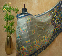 ASM2331 Ash Grey & Navy-Blue Viscose saree with multi-color kalamkari buttas.