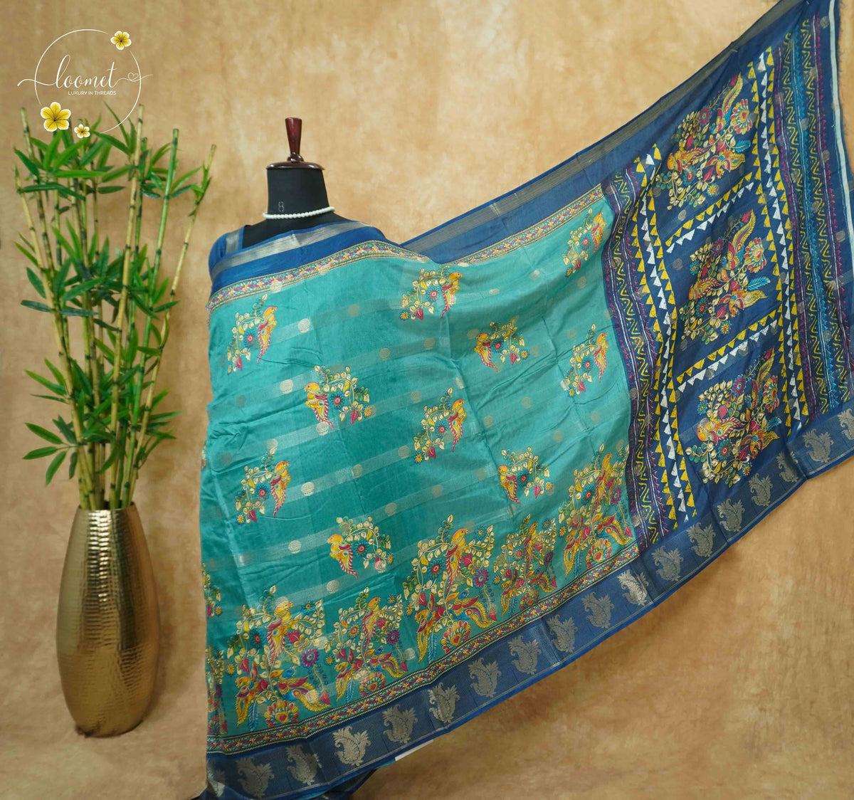 ASM2332 Teal Green & Imperial Blue Viscose saree with multi-color kalamkari buttas.