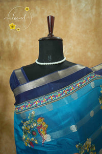 ASM2333 Cerulean Blue & Midnight Navy Viscose saree with multi-color kalamkari buttas.