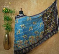 ASM2333 Cerulean Blue & Midnight Navy Viscose saree with multi-color kalamkari buttas.