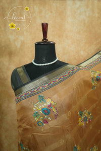 ASM2334 Antique Gold & Brown Viscose saree with multi-color kalamkari buttas.