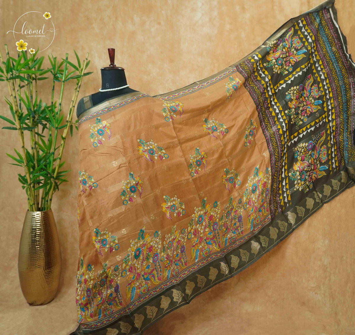 ASM2334 Antique Gold & Brown Viscose saree with multi-color kalamkari buttas.