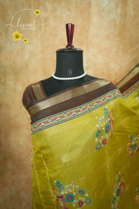 ASM2335 Mustard Olive & Coffee Brown Viscose saree with multi-color kalamkari buttas.