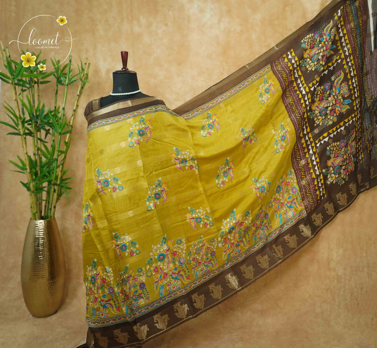 ASM2335 Mustard Olive & Coffee Brown Viscose saree with multi-color kalamkari buttas.