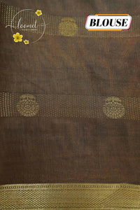 ASM2335 Mustard Olive & Coffee Brown Viscose saree with multi-color kalamkari buttas.
