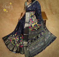 ASM2535 Midnight Navy Chiffon saree features rose & foliage panels print with zari border.