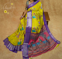 ASM2631 Lime green Georgette viscose saree features miniature art motifs with zari border.