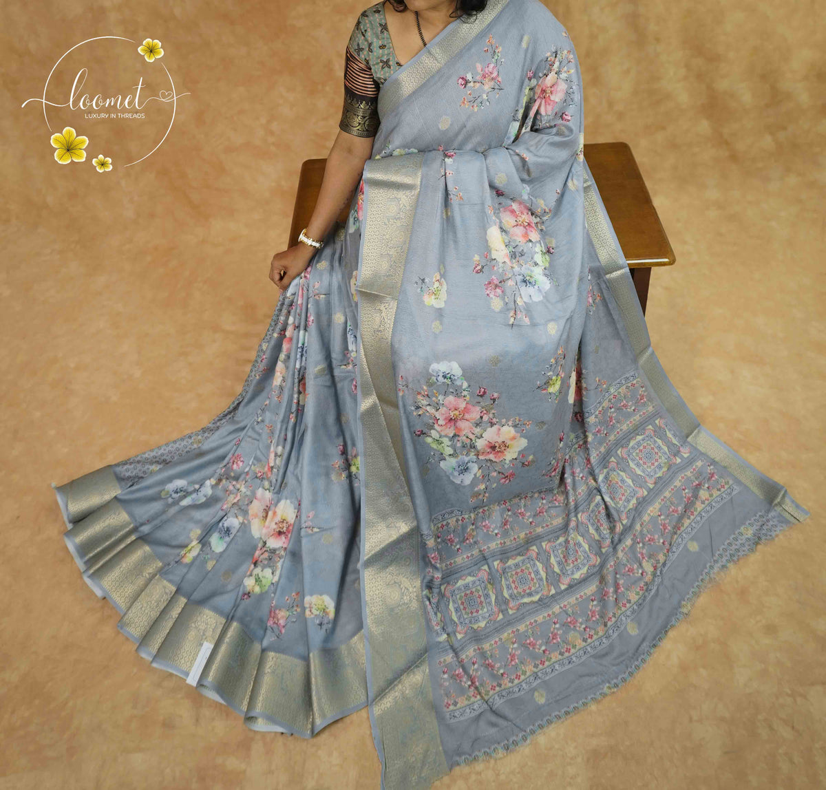 AVD4432 Steel Grey Moss Satin saree features digital floral prints with zari border.