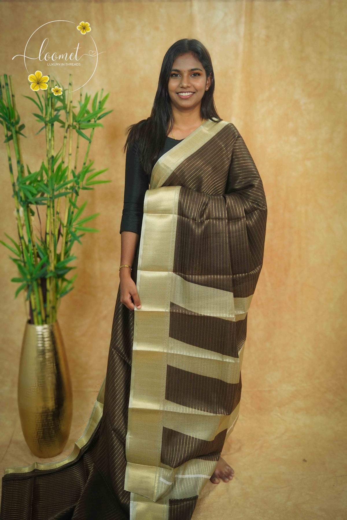 AVD5431 Deep Coffee Brown Dola Silk saree with horizontal golden pinstripes.