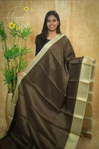 AVD5431 Deep Coffee Brown Dola Silk saree with horizontal golden pinstripes.