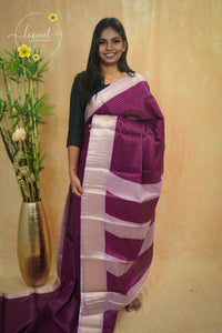 AVD5432 Plum Purple Dola Silk saree with horizontal silver pinstripes.