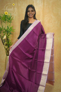 AVD5432 Plum Purple Dola Silk saree with horizontal silver pinstripes.