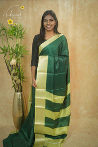 AVD5433 Emerald Green Dola Silk saree with horizontal silver pinstripes.