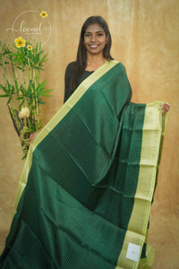 AVD5433 Emerald Green Dola Silk saree with horizontal silver pinstripes.