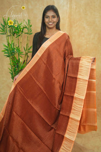 AVD5434 Terracotta Dola Silk saree with horizontal silver pinstripes.