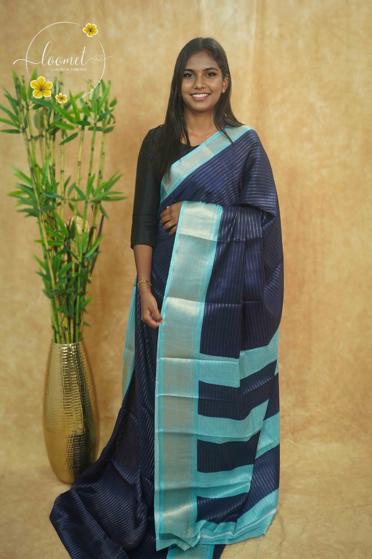 AVD5435 Sky Blue Dola Silk saree with horizontal silver pinstripes.