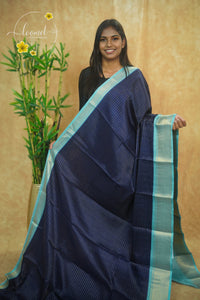 AVD5435 Sky Blue Dola Silk saree with horizontal silver pinstripes.