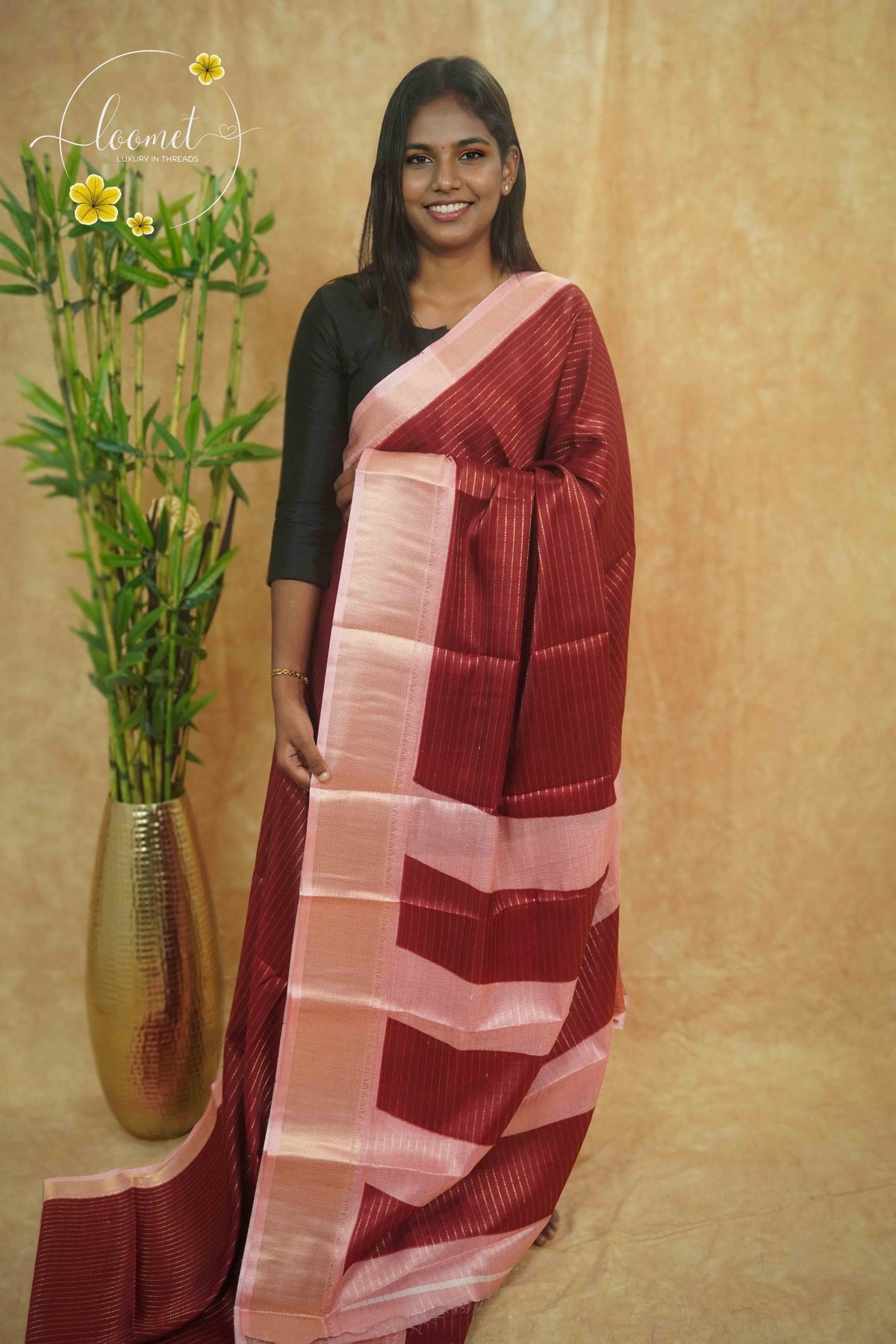 AVD5436 Maroon Dola Silk saree with horizontal silver pinstripes.