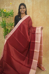 AVD5436 Maroon Dola Silk saree with horizontal silver pinstripes.