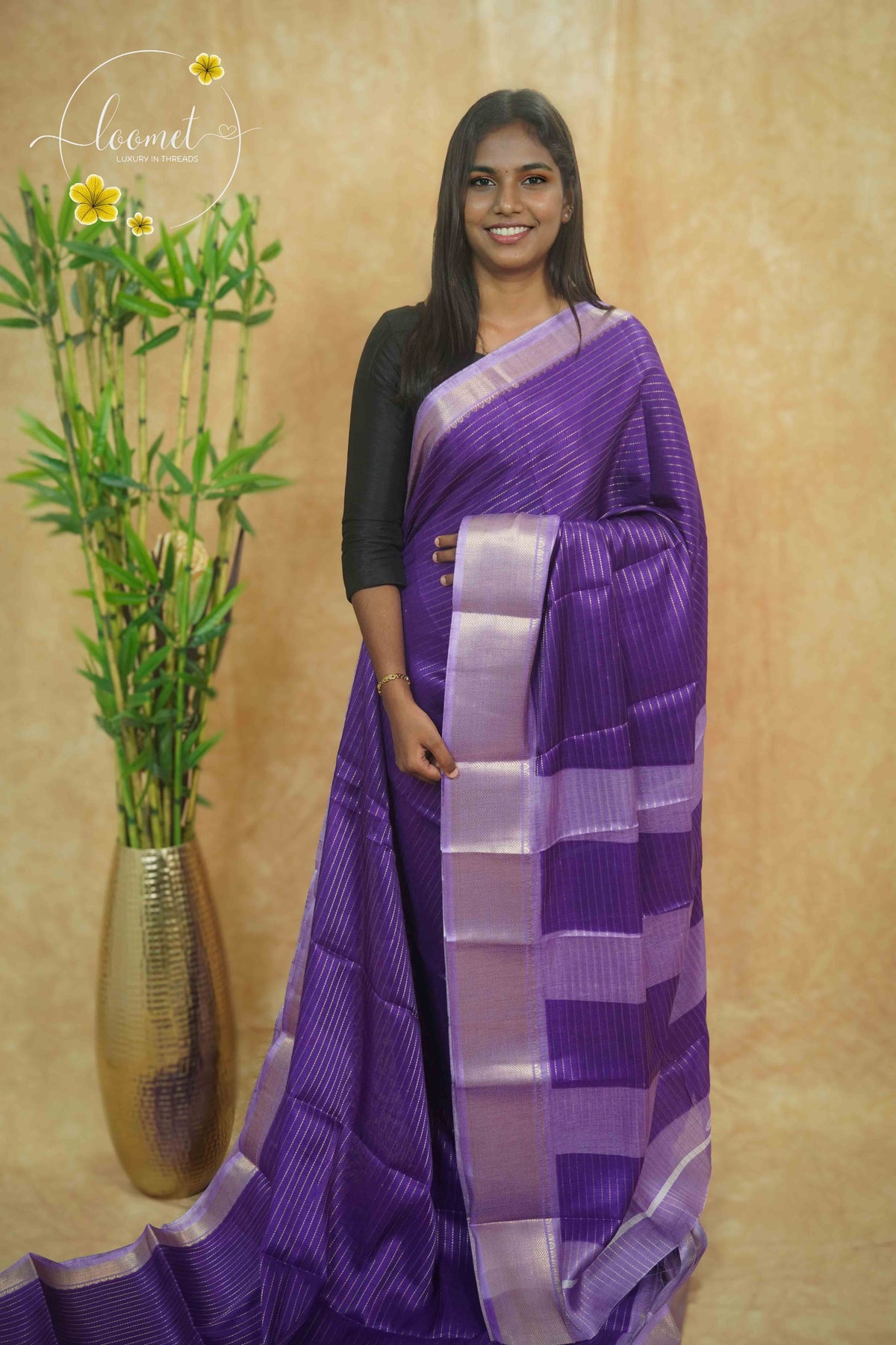 AVD5437 Royal Purple Dola Silk saree with horizontal silver pinstripes.