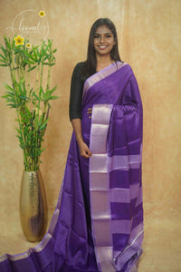 AVD5437 Royal Purple Dola Silk saree with horizontal silver pinstripes.