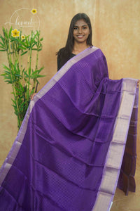 AVD5437 Royal Purple Dola Silk saree with horizontal silver pinstripes.