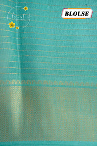 AVD5438 Peacock Blue Dola Silk saree with horizontal silver pinstripes.