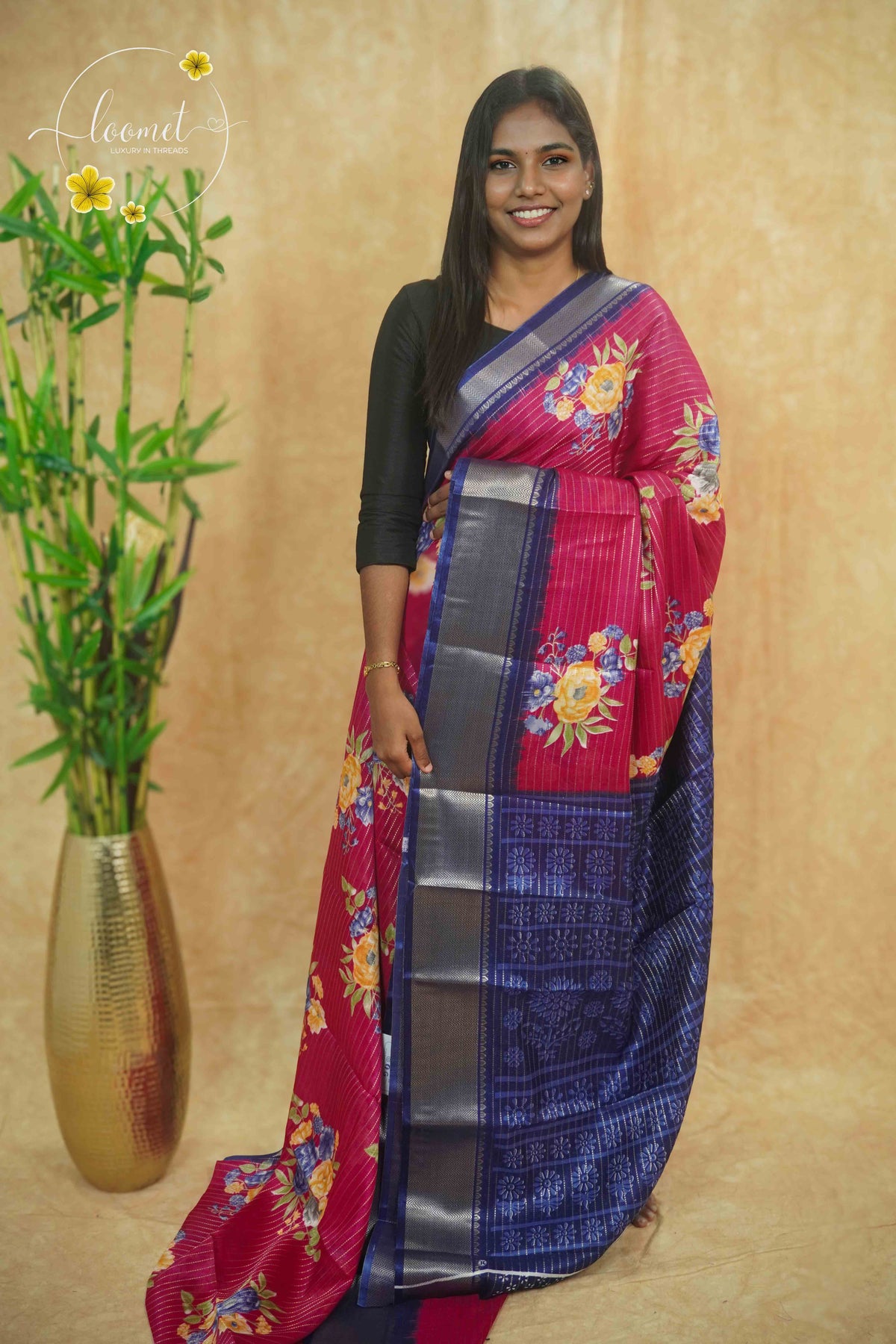 AVD5439 Rani Pink Dola Silk saree with floral bouquets and vertical silver pinstripes.