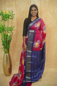 AVD5439 Rani Pink Dola Silk saree with floral bouquets and vertical silver pinstripes.
