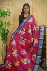 AVD5439 Rani Pink Dola Silk saree with floral bouquets and vertical silver pinstripes.
