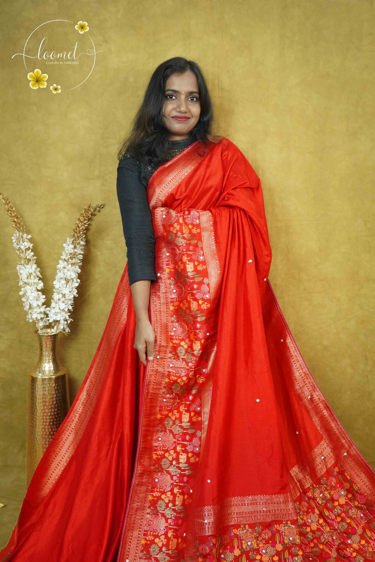 AVD6431 Crimson Red Pasmina silk saree with solid plain body Meenakari-style pattern.