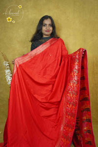 AVD6431 Crimson Red Pasmina silk saree with solid plain body Meenakari-style pattern.